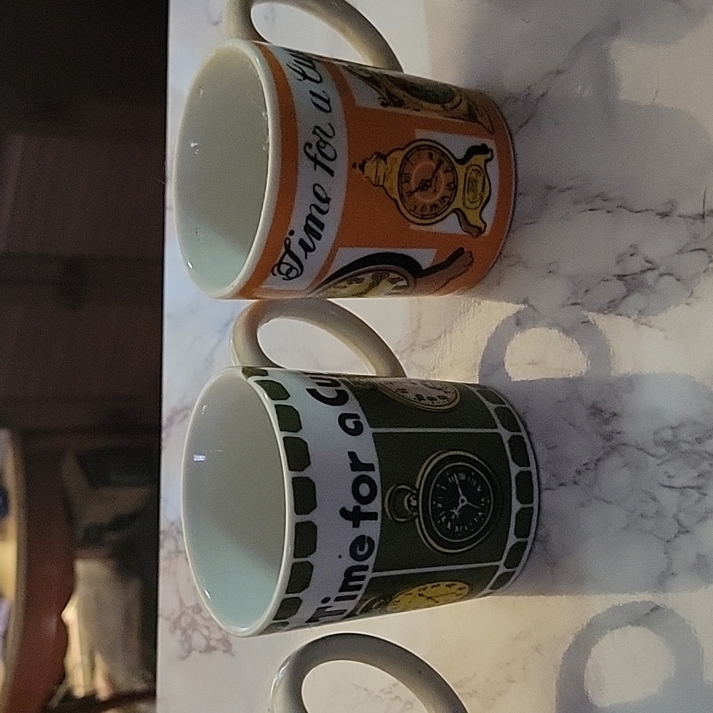 Set of 5 teacups circa 1950s. "Time for a cup" written on all.